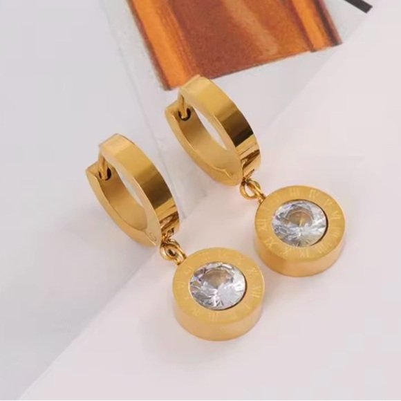 Luxurious Gold Roman Numeral Earrings Stainless Steel Alphabet Zirconia - Picture 3 of 5